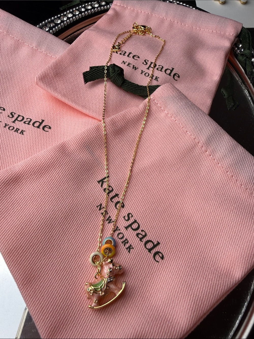 kate spade Gold Necklace with Pink and Green Rocking Horse Charms - Picture 2 of 6
